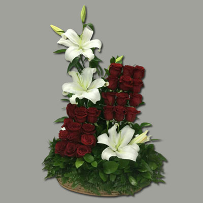 "Flower arrangement with Red roses and White Lilies - Click here to View more details about this Product